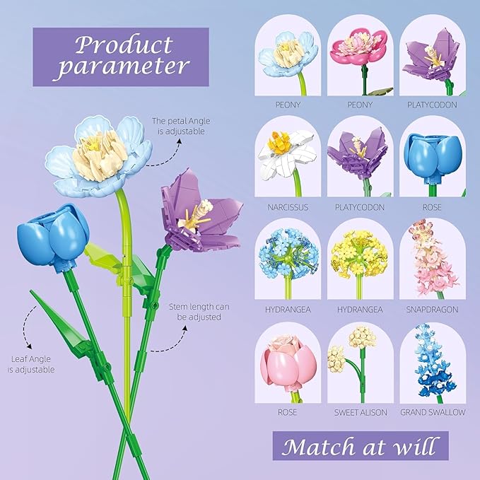 Spring Flowers Bouquet Building Set Botanicals Collection Artificial Flower Rose Peony Narcissus Balloon Flowers Flower Arrangement Art Home Decor Gift for Girls Women
