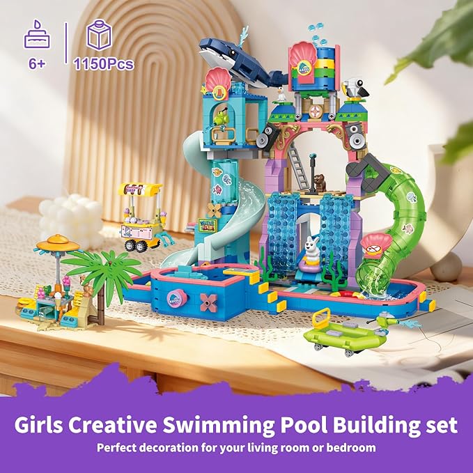 1150Pcs Friends Water Park Building Set STEM Summer Fun Party Toy with Swimming Pool SlidesWater CanonsDiving PlatformAnimal Pretend Play Kit for kids Birthday Gifts for Girls Ages 6-12+
