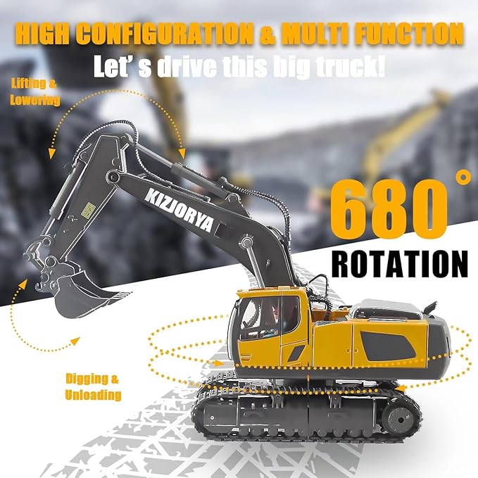 Remote Control Excavator Toys for Boys Age 6-12 Rechargeable 11 CH RC Construction Vehicles Truck with Sound Light Metal Shovel Birthday for Kids 7 8 9 10+ Year Old(2.4 GHz)