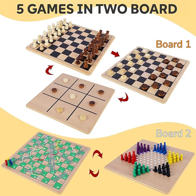Glintoper 5-in-1 Wooden Board Game with 2 Reversible Boards for Chess Checkers Chinese Checkers Snakes and Ladders Tic Tac Toe Tabletop Combo Classic Portable Board Games for Kids to Adult