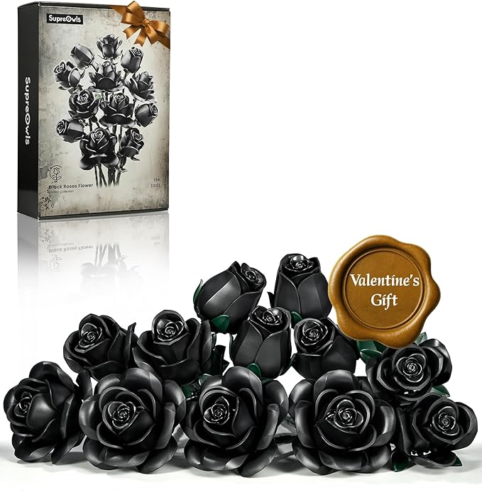 iATOM Black Rose Bouquet Building Set 12Pcs Flower Botanical Collection Kit for Adult Valentine's Day Gift for Her/Girlfriend/Mom/Wife/Couple Gothic Vintage Home Office Table Centerpiece Decor