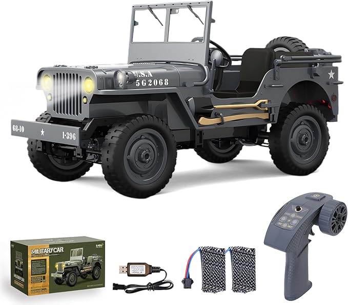 RC Crawlers 1:10 Scale D888 Willys Military Jeep 2.4Ghz 4WD Off Road Rock Crawler with Lights Removable Accessories All Terrain RC Jeep Toy for Adult Teens-Upgradable (2 Batteries)