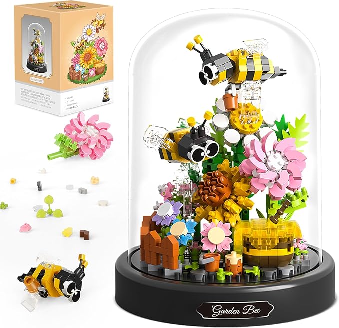 QLT QIAOLETONG Flower Bouquet Building Sets 588 PCS Animals Flowers Botanical Collection Mini Bricks Building Blocks Toy for Adults Valentine's Day for Her Mom Women Wife Girlfriend (Bee)