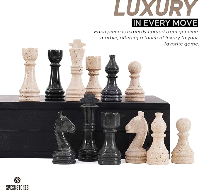 Marble Chess Set 15 Inch Handmade Travertine &amp Black Luxury Board Games for Adults Elegant Table top Board Game Travel Chess Pieces &amp Storage Box for Gifts &amp Home Decor