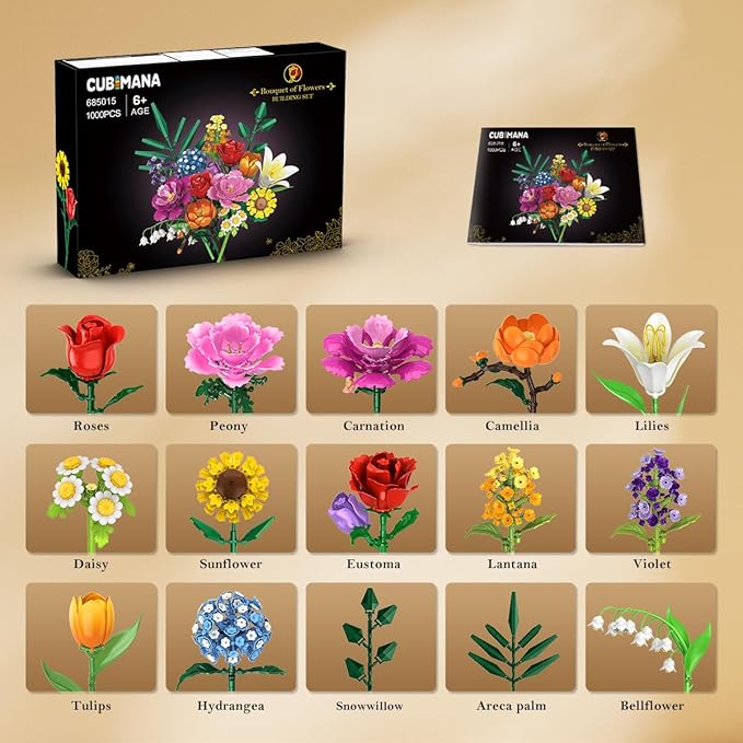 Flower Bouquet Building Set 1043 PCS Bouquet Botanicals Collection Easter Gift for Her Girlfriend Wife 15 Artificial Flowers Building Blocks Home Decor for Adults Kids Teens Women Birthday