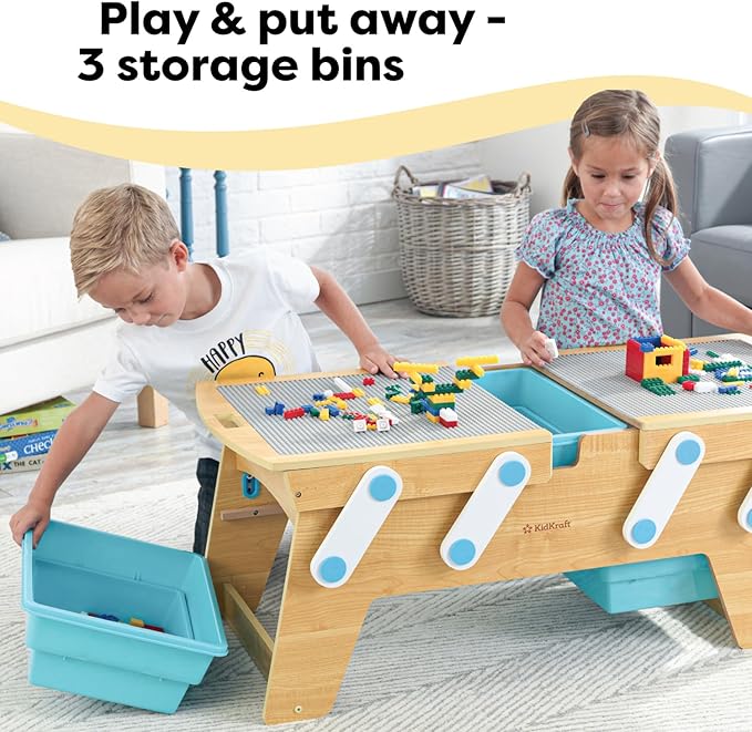 KidKraft Building Bricks Play N Store Wooden Table Children's Toy Storage with Bins 200+ Building Blocks Included Natural Gift for Ages 3+