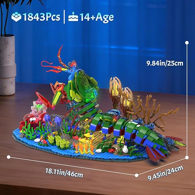 Mechanical Mantis Shrimp Building Block Sets 1843 Pcs Sea Creatures Building Toys with Miniature Undersea Landscape &amp Led Light 18.11x9.45x9.84in DIY Model Kit for Adults Teens 14+