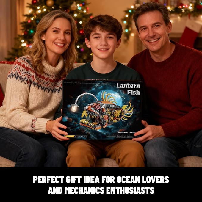 Mechanical Angler Fish Building Set with Light Creative Ocean Lantern Fish Animal Toy for Home Office Decor Compatible with Lego Shark STEM Gift for Adults Teens Boys 8-14+ (1022 PCS)
