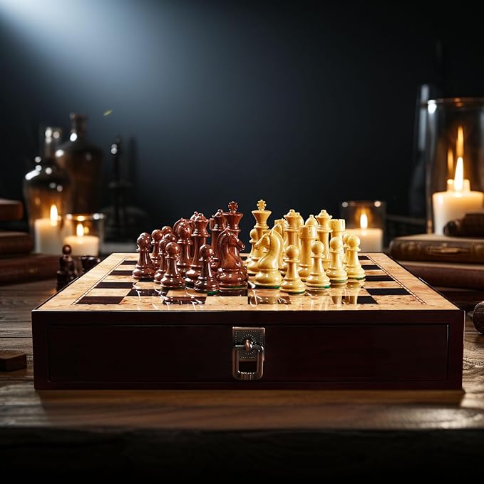 AMEROUS 17 inches Wooden Chess Set with High Polymer Weighted Chess Pieces / 2 Built-in Storage Drawers / 2 Extra Queens / 3.75'' King Classic Board Game