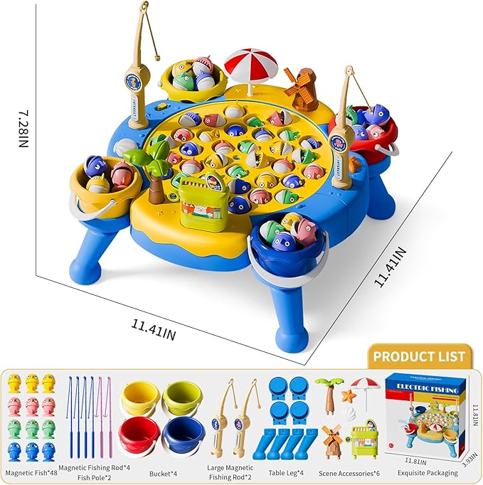ORANGE OCEAN 70 PCS Magnetic Fishing Table Game for Kids Boys Toddlers Ages 3-5 4-6 Magnetic Fishing Toys with 360° Rotation &amp Sound Birthday Toys Gifts for 3 4 5 6 Year Old Boys Kids 1-8 Playe