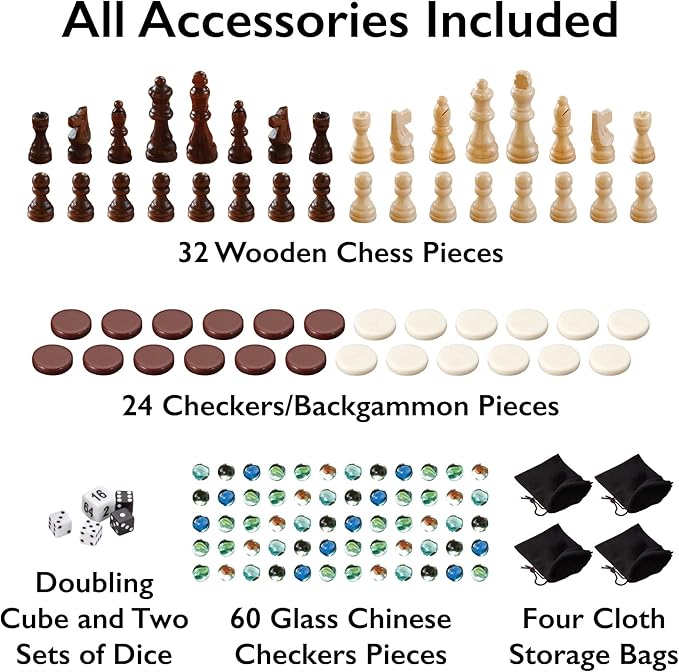 Mainstreet Classics Broadway 5-in-1 Combo Board Game Set: Chess Checkers Backgammon Chinese Checkers and Dice Games