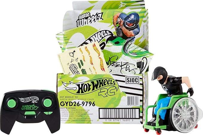 Hot Wheels RC Aaron Wheelz Wheelie Chair Remote-Control Wheelchair with Motocross Aaron Wheelz Fotheringham Figure