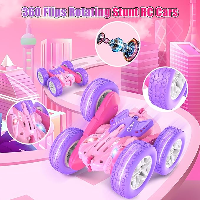 Remote Control Cars for Girls 2.4GHz RC Stunt Car with 360° Flips &amp Double Sided Driving Changeable Wheels LED Headlights Birthday Gift for 5-12 Year Old Girls (Pink)