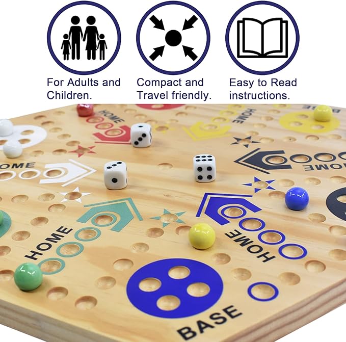 20 Wooden Wahoo Board Game Double-Sided for 4 or 6 Players Fast Track Board Game Original Marble Game Set with 36 Marbles 8 Dice for Family Night Parties and Adult Gifting