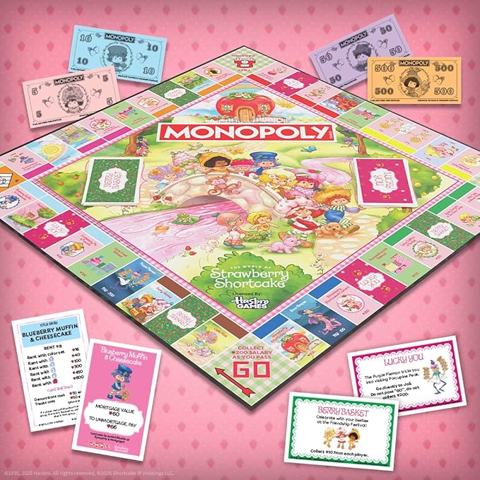 Monopoly: Strawberry Shortcake Board Game Buy Sell &amp Trade Locations Like Big Apple City Citrus Acres &amp More Includes 6 Collectible Tokens Like Blueberry Muffin's Basket &amp More Offici
