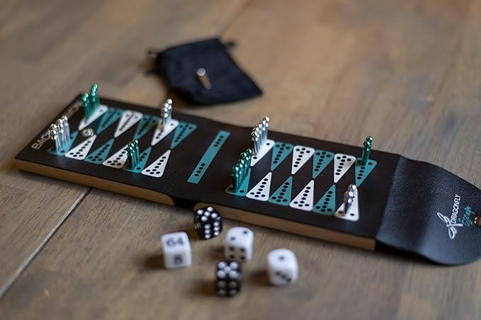 Folding Travel Backgammon Set | Pocket Backgammon Game – Folding PU Leather Board with Pegs Dice Doubling Cube &amp Drawstring Bag – Great for Flights Beach Camping