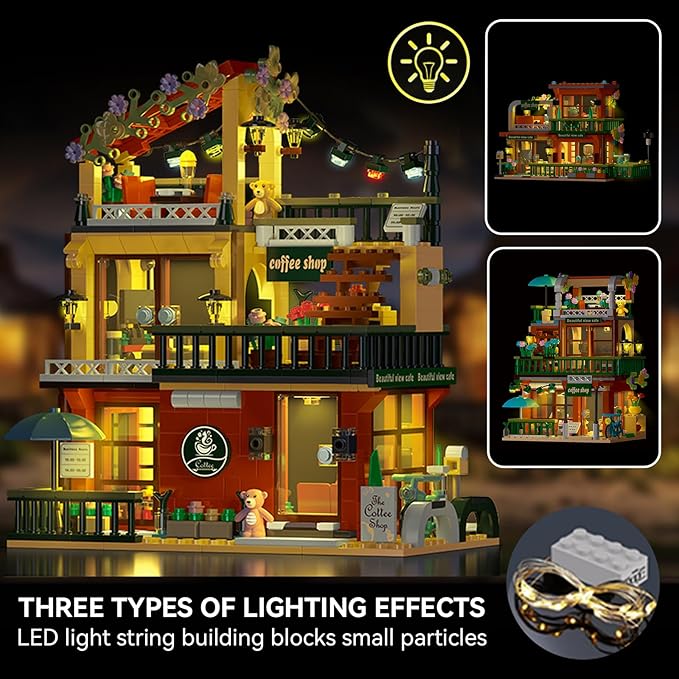 3 in 1 Street View Coffee Shop City Building Set Compatible with City House Modular Simulation Architecture Construction Toy with LED Lights Gift for Adults and Girls Kids Aged 8+(875 PCS)