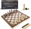Wooden Magnetic Chess Set &amp Checkers Board Game 15” Foldable Chess Board | Solid Wood 2-in-1 Board Game for Adults with Storage Box 2 Extra Queens Portable Travel Chess Set for Kids &amp Begin