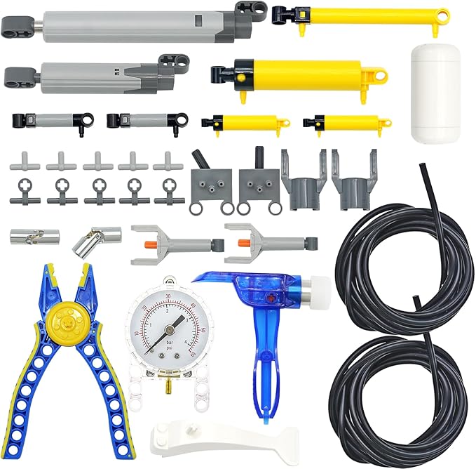 33pcs Pneumatic Pumps Parts Kit Compatible with Technic Pumps Pneumatic Cylinders Air Tank Switch Tubes Push Rod Pressure Gauge T-connectors Actuator Alloy Joint for Building Toys Accessories