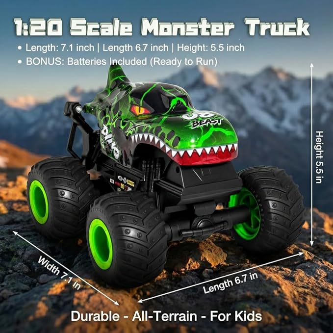 Remote Control Dinosaur Car for Boys 8-12 Sturdy 1:20 Scale RC Monster Truck with LED Lights &amp Roaring Sound 2.4GHz All Terrain Off Road Toy Vehicle Birthday Easter Gifts for Kids 8-12(Green)