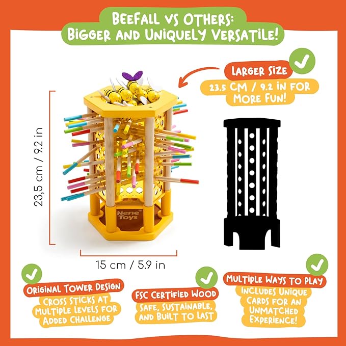 Nene Toys BeeFall Jumbo 4-in-1 Wooden Honey Bee Toy for Kids Ages 3-9 - Educational Game with Wooden Honeybee Hive 12 Bees Colorful Sticks Dice &amp Cards - Fun Family Game for Cognitive Developm