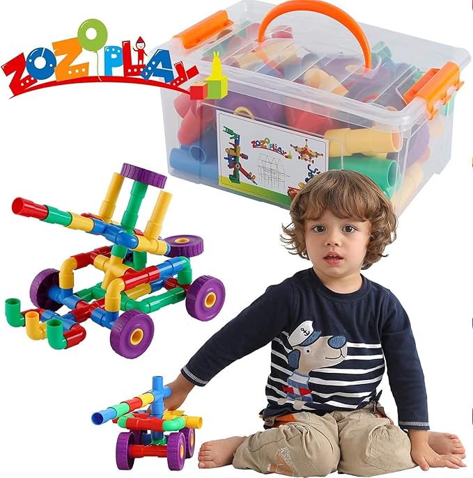 ZOZOPLAY STEM Learning Toy Tubular Pipes &amp Spouts &amp Joints 64 Piece Build Bicycle Tank Scootie Moter Skills Endless Designs Educational Building Blocks Set for Kid Ages 3+ Multicolor
