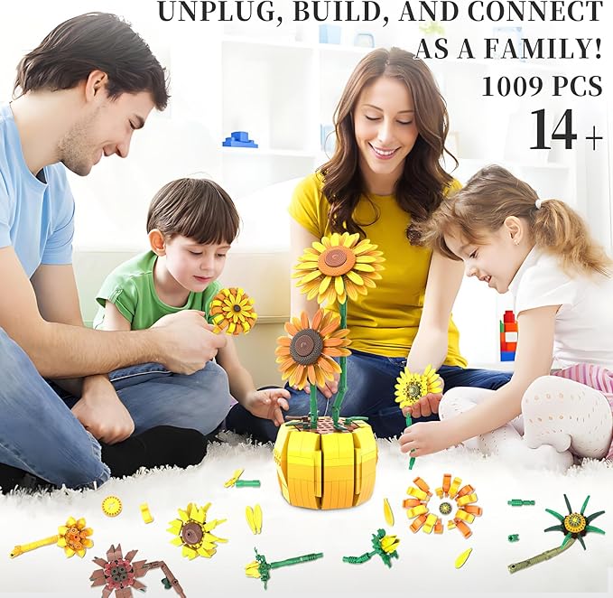 Van Gogh Sunflower Building Blocks Set for Adults Sunflowers Botanicals Compatible with Lego Flowers Art Bonsai Botanical Collection Office Gifts for Her Him Girls 14+ 1009PCS 11002