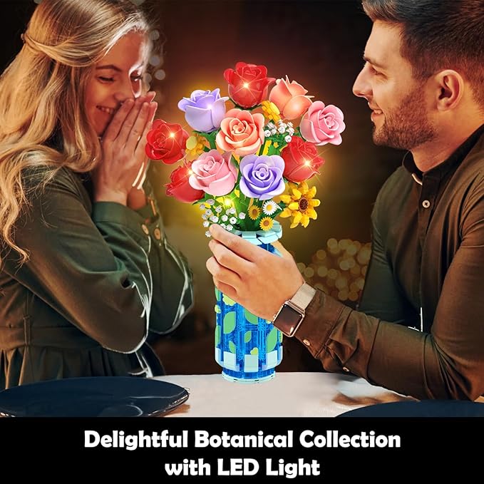 Roses Flowers Building Set with Vase &amp LED Light Easter/Birthday Day Gift for Her/Him 16 Mini Flowers Bouquet Building Blocks Toy Artificial Flowers for Home Office Decor &amp Display
