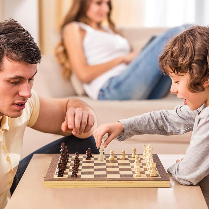 ASNEY Upgraded Magnetic Chess Set 15 Tournament Staunton Wooden Chess Board Game Set with Magnets Crafted Chesspiece ans Storage Slots for Kids Adult Includes Extra Queens