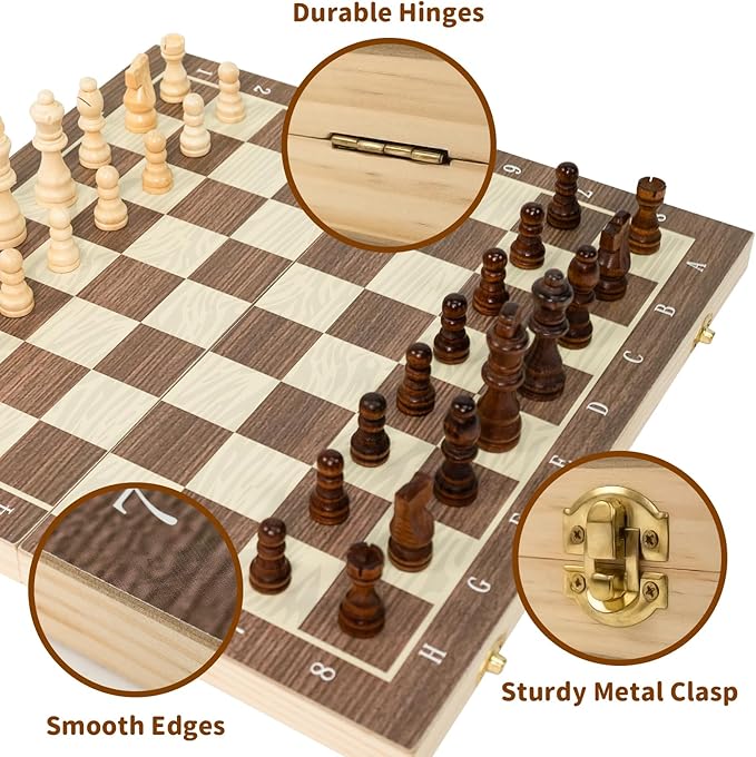 Magnetic Wooden Chess Board Set – 15.3 Folding Travel Chess Sets with Storage Slots – 2 Extra Queens Chess Board Set for Kids Adults Beginners – Portable Chess Game with Pieces Storage