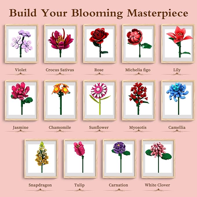 Flower Building Blocks Set 1351PCS Everlasting 14-Style Floral Bouquet Kit DIY Assembled Colorful Flower Decor for Home/Office Birthday Gift/Anniversary/Mother’s Day