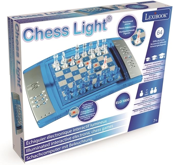 Lexibook ChessLight® Electronic Chess Game with Touch-Sensitive Keyboard and Light and Sound Effects 32 Pieces 64 Levels of Difficulty Battery or Plug Blue/Grey LCG3000
