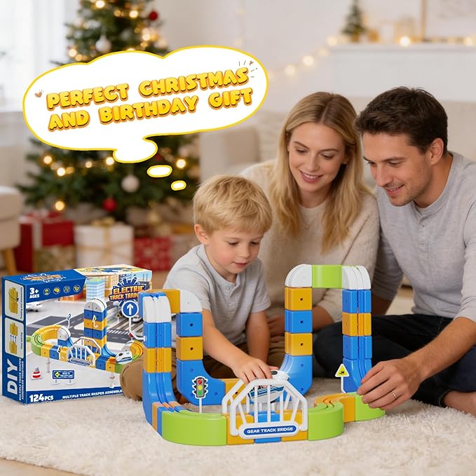 Electric Train Set Flexible Racetrack for Kids 3-8 124PCS(36Track +1 Train) Train Track Gravity-Defying Race Track 3D Embedded Layouts STEM Educational Building Toy Gifts for Boys Girls