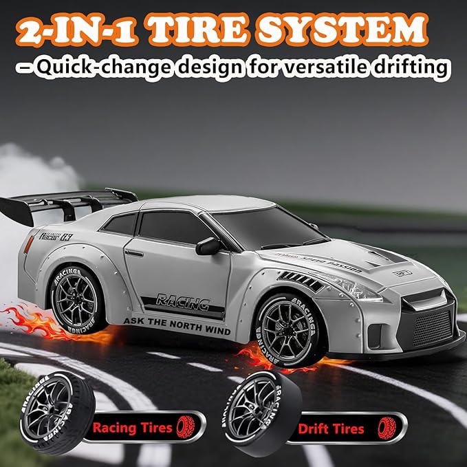 RC Drift Car 1:24 Scale Remote Control Vehicle with LED LightsDrifting Tires＆Two Batteries Racing Sports Toy Idea Gift for Adults Boys Girls and Kids Galactic Silver