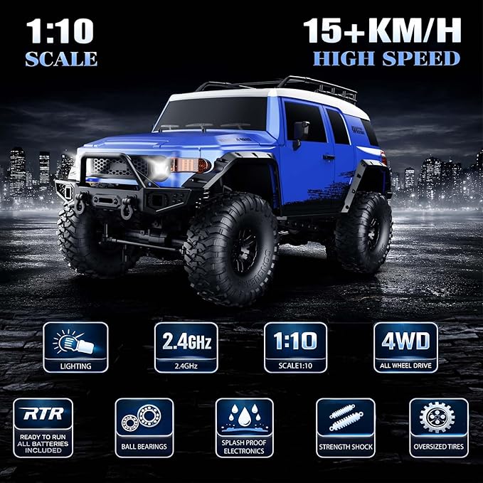 RC Cars RC Crawler 1/10 Scale RTR Remote Control Car 4WD 2.4GHz Brushed Offroad Racing Hobby Grade Model Vehicle with LED Lights 2Pcs Battery Toy for Kids and Adults