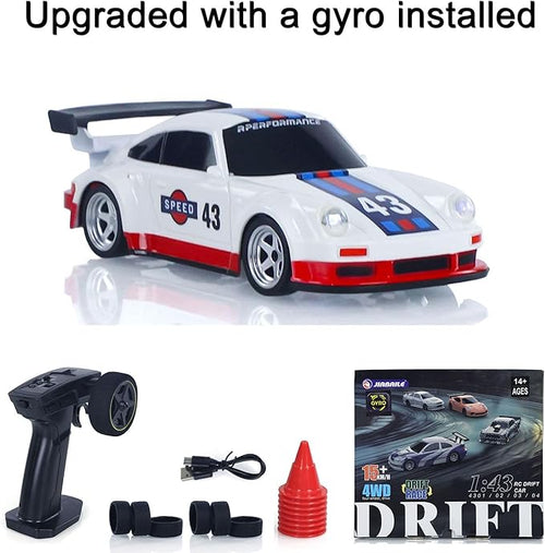 1/43 High Speed 2.4 GHz Mini RC Drift Car with 4 Wheel Drive Motor ESC Servo Motor Lighting Battery Charging Cable Gyroscope Hobby Grade Model for Birthday Gift