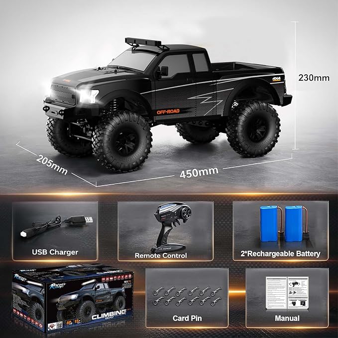 RC Cars RC Crawler 1/10 Scale RTR Remote Control Car 4WD 2.4GHz Brushed Offroad Racing Hobby Grade Model Vehicle with LED Lights 2Pcs Battery Toy for Kids and Adults