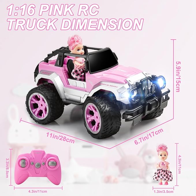 Remote Control Car for Girls Pink RC Car with Doll and Sticker for Ages 6-10 Years Old Girls 80 mins with Rechargeable Battery 1:16 Scale 2.4GhzOX11S Perfect Christmas Birthday Gifts for Grils