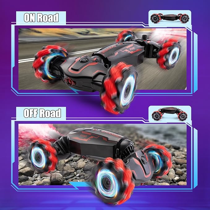 Gesture Sensing RC Stunt Car 2.4 GHz 4WD Remote Control Car 360° Rotate Transform Off-Road Drift RC Cars with Cool Lights Music Ideal Presents for Boys Girls for Birthday (Red)
