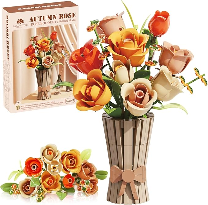 Bagari Roses Bouquet Building Set - Artificial Flowers Building Blocks with Vase Compatible with Lego Kit for Adults - Collection for Home Office Decor Gifts for Women Men Birthday Anniversary 868PCS