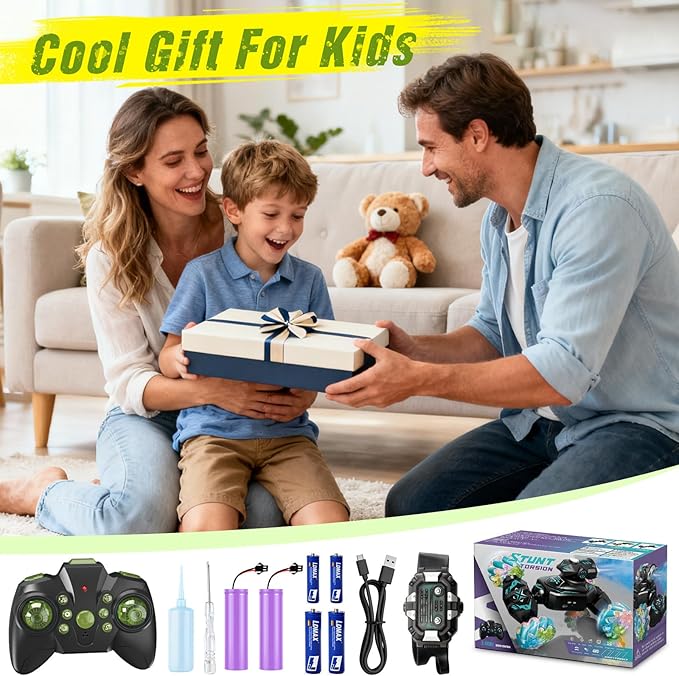 Gesture Sensing Remote Control Car RC Cars Toys for Boys Age 6-12 4WD Hand Controlled Twist &amp Transform 360° Spins Stunt Car with Mist Light &amp Music 8-10 Year Old Boys Birthday Gift Green