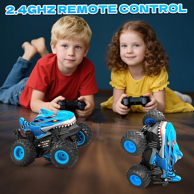 YongnKids Remote Control Car Shark Monster Trucks for Boys Age 4-7 2.4Ghz Rchargeable Rc Car with Music &amp Light360° Rotating Stunts RC Truck Toy for Kids 3-5 6 7 8-12 Birthday Easter Gift