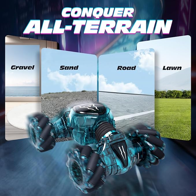Tecnock Remote Control Car for Boys Girls 2.4GHz 4WD Gesture Sensing RC Stunt Car Toys - 360° Rotating Double Sided Hand Controlled RC Cars with LED Lights Gifts for Kids Ages 6-8 8-12