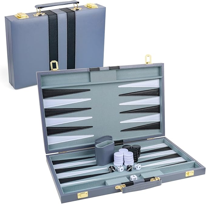Backgammon Set 2 Players Classic Backgammon Sets for Adults Board Game with PU Leather Case Portable and Travel Backgammon Set (Grey 18inch)