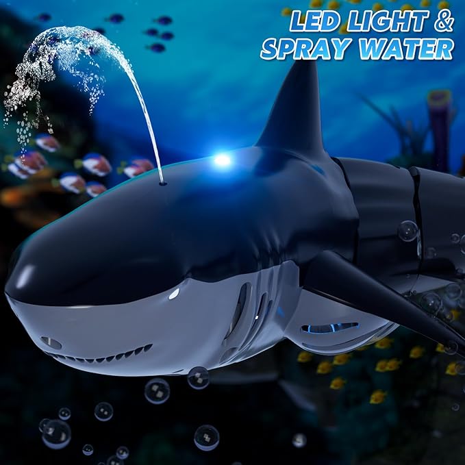 Remote Control Shark Toys for Boys Kids 1:18 Scale High Simulation Shark for Pool 2.4Ghz Electric RC Shark Boat Fish Toys with Light &amp Spray Toy Shark Gifts for 6 7 8 9 Year olds Kid Boys Girls