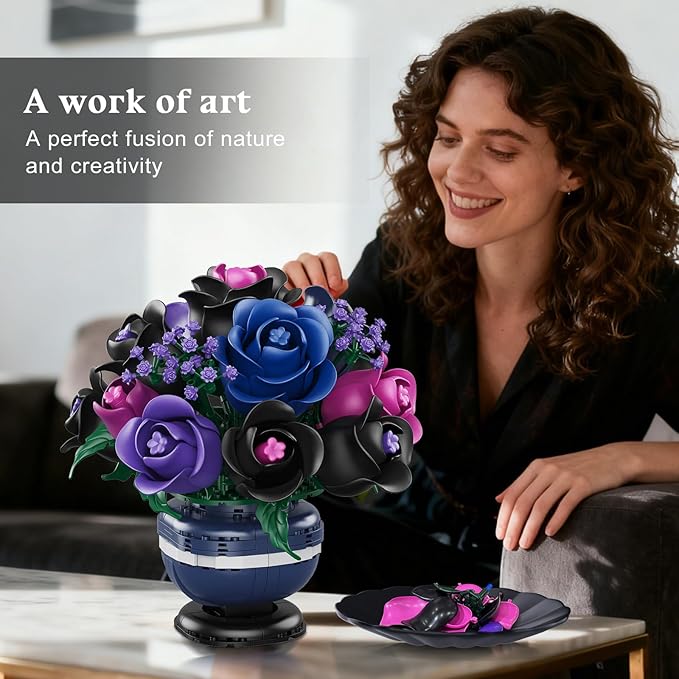 Flowers Botanicals Building Set - Artificial Purple Black Rose Bonsai Plant for Home Decor 507PCS Artificial Flowers Building Set Indoor Gothic Decoration Easter Birthday Gifts for Adults