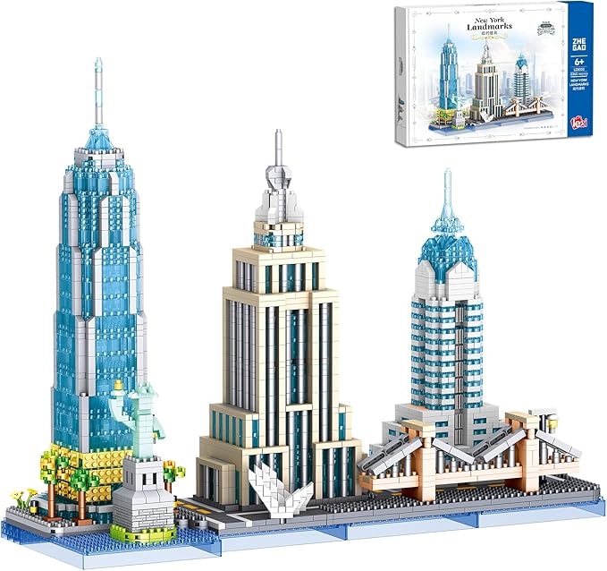 New York Skyline Micro Mini Blocks Building Set The Statue of LibertyEmpire State Architecture Building Brooklyn Bridge Gift for Kids and Adults (3262 Pieces)