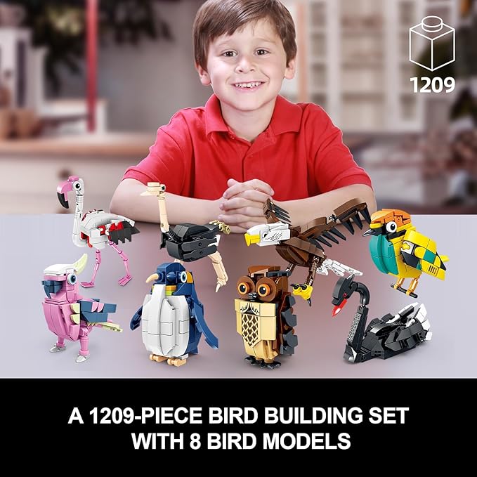 KAZI Bird Toy Building Set - Wild Animals Includes Pink FlamingoParrotOwlPenguinEagle - Learning Toy for Boys and Girls 8-12Easter Basket StuffersParty FavorsPrizesGoodie Bags