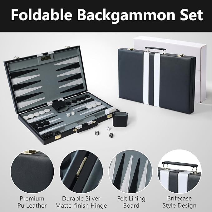 Large Backgammon Sets for Adults 18 inch Black Travel Backgammon Board Game Sets Classic Board Game with Premium Leather Case Portable Travels Strategy Backgammon Game Set for Adults