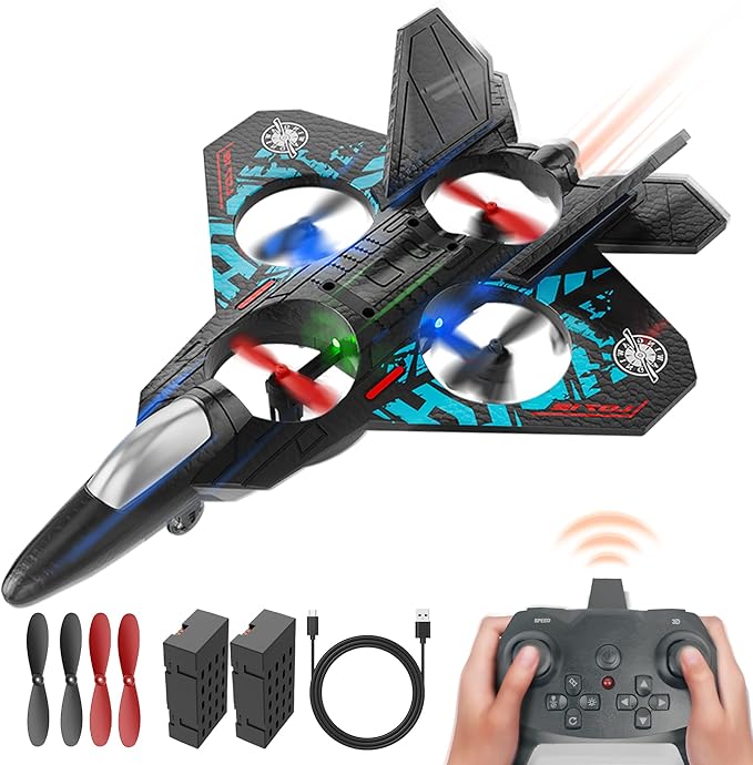 BEZGAR Drones for Kids | 2.4GHZ RC Plane Remote Control Airplane RC Helicopter 360° Flip Fighter Jet Toy with Colorful LED Navigation Light Blue